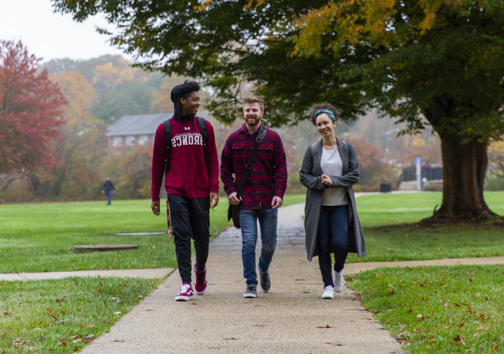 三个学生走在秋天的小路上
